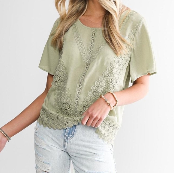 Daytrip Tops - Daytrip Applique sage boho crochet women's top, tie back, M